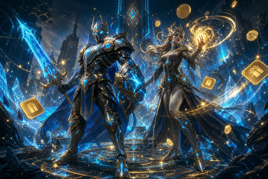 Two original arcane champions on a rune battlefield with floating gift-card rewards